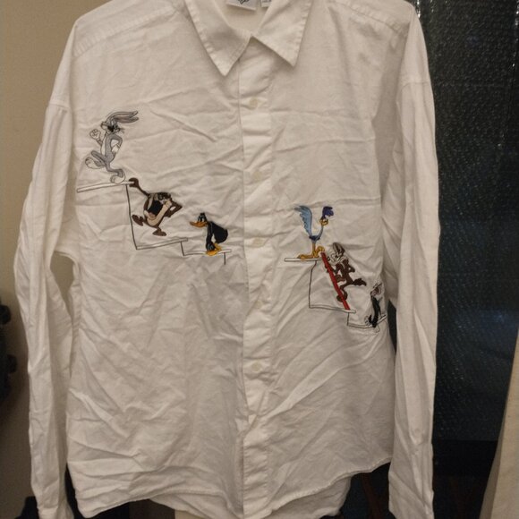 VINTAGE! 90'S WARNER BROS. LOONEY TUNES EMBROIDERED WHITE BUTTONDOWN SHIRT - Picture 1 of 4